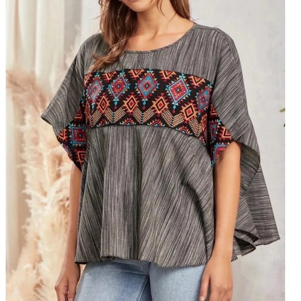 Savanna Jane Embroidered Western Boho Poncho Top Black Grey M/L NEW